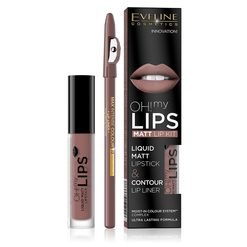 Ruj lichid mat si creion contur buze Eveline Oh! My lips - 02 Milky Chocolate